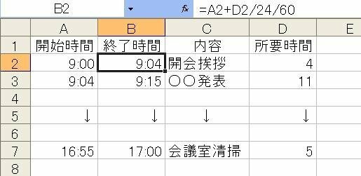 エクセルの自動計算方法について 会議のタイムテーブルをエクセ Yahoo 知恵袋