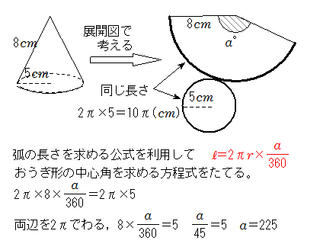 数学の中心角の問題を教えてください 問題底面の半径が５ｃｍ 母線の長さが８ｃ Yahoo 知恵袋