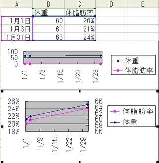 Excel07体重と体脂肪率の変化をグラフにしたいです Yahoo 知恵袋