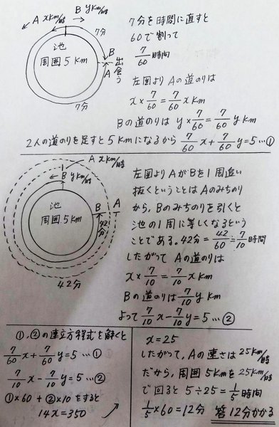 周囲の長さが5kmの池がある。この池をA，B2人が自転車で同時に
