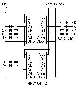 74HC164のシフトレジスタを2つ使って10個のLEDを順番に点灯させ