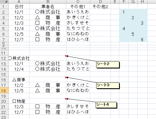 excelで、1シートにまとめた表をカテゴリーごとに別シートで集計したい