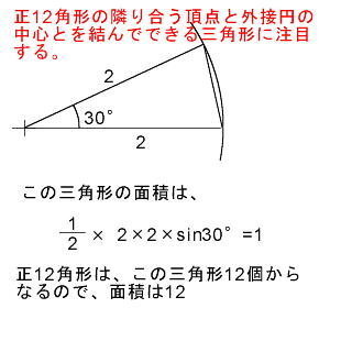 高1 数学 半径2の円に内接する正十二角形の面積を求めよ 高1で習 Yahoo 知恵袋