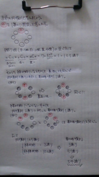数珠順列の問題です。赤玉2個、白玉2個、黒玉4個の8個の玉に紐を通し