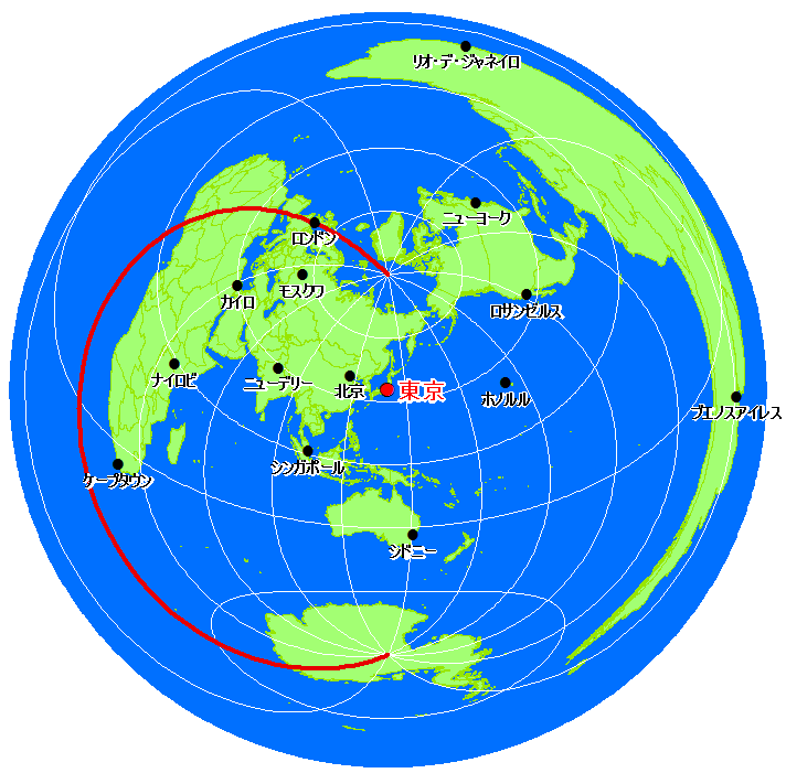 日本を中心とした正距方位図法で本初子午線は曲線で書くらしいのですが Yahoo 知恵袋