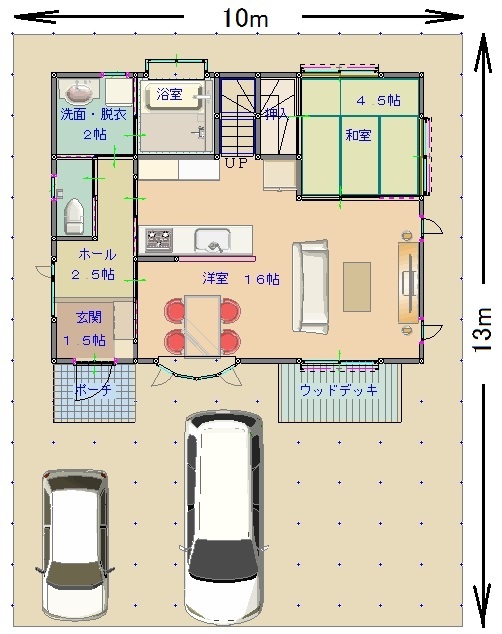 ４０坪 建蔽率４０％ 容積率８０％のどちらかというと長方形の土地だと 