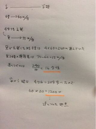 妹が家から毎分60mの速さで学校まで歩きました 妹が出発してから4分後 Yahoo 知恵袋