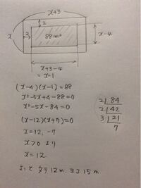 数学の問題です 横が縦より3m長い長方形の土地の内側に 周にそって幅が2mの Yahoo 知恵袋