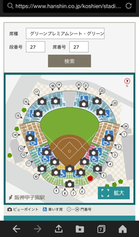 阪神甲子園球場のグリーンシート７又は８号門G通路２7段27、２８の座席