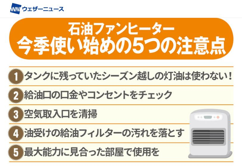 5年使用していなかった石油ファンヒーターを使用する際の注意点を 