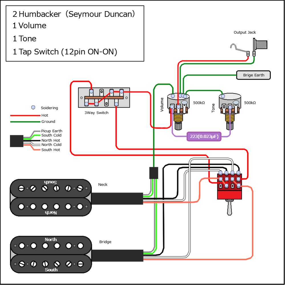 このギターのように2ハム1t1vでコイルタップができる配線図を知りたいです。... - Yahoo!知恵袋