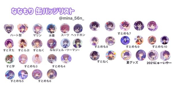 ななもり。さんの歴代缶バッジのビジュを一覧表みたいなのにして持って
