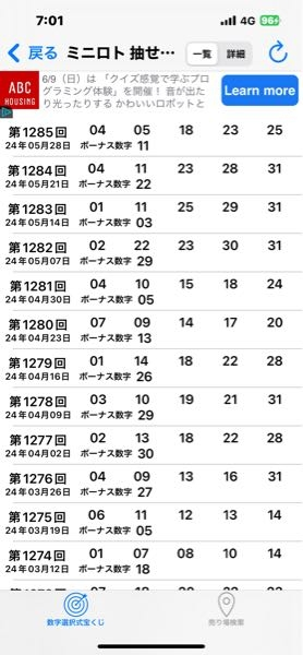 ミニロトの次の当選番号で4連続数字が並ぶのは、1545回以降と