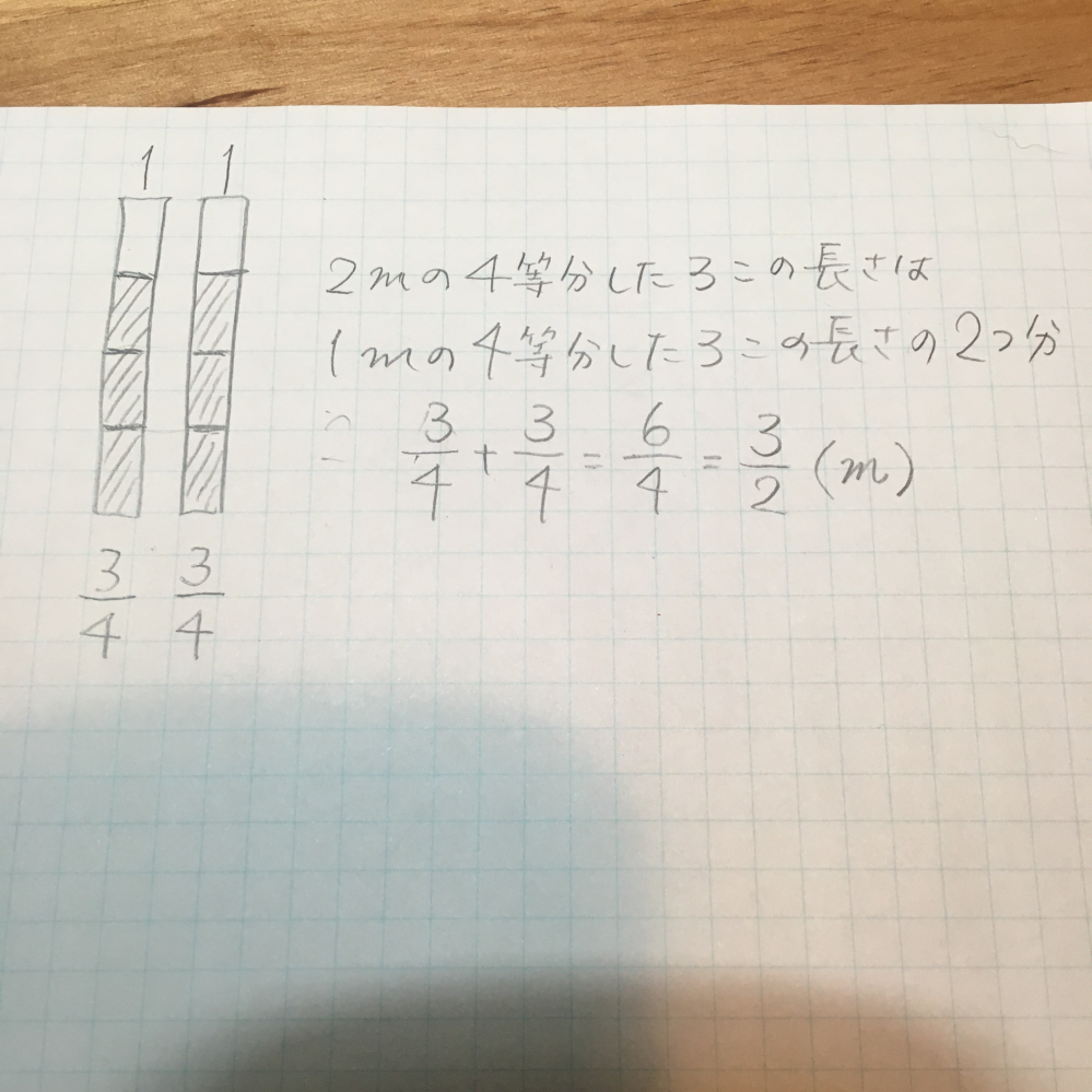 小3、分数の問題です。2mを4等分した3この長さは何mですか