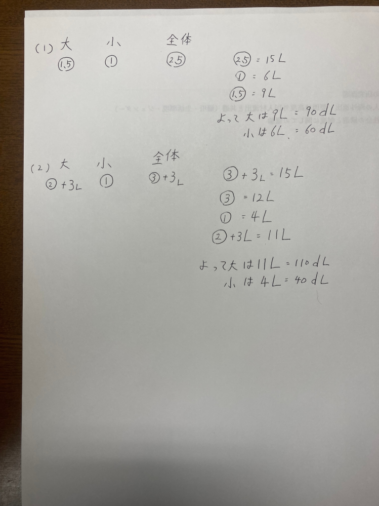 算数です。次の文の式と答えを教えてください。□15Lの水を大小2つの
