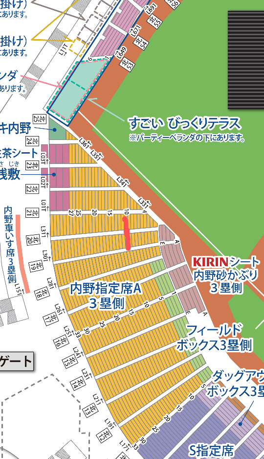 マツダスタジアムの座席について質問です。内野指定席A三塁側北20通路 
