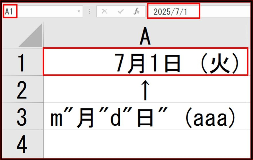 7月1日(火)上記のような表記をエクセル関数でどうやったらできますか