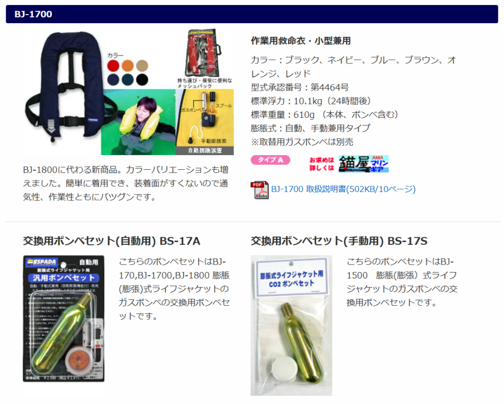自動膨張式ライフジャケットBJ-1700型の換ボンベを探していまずが、な