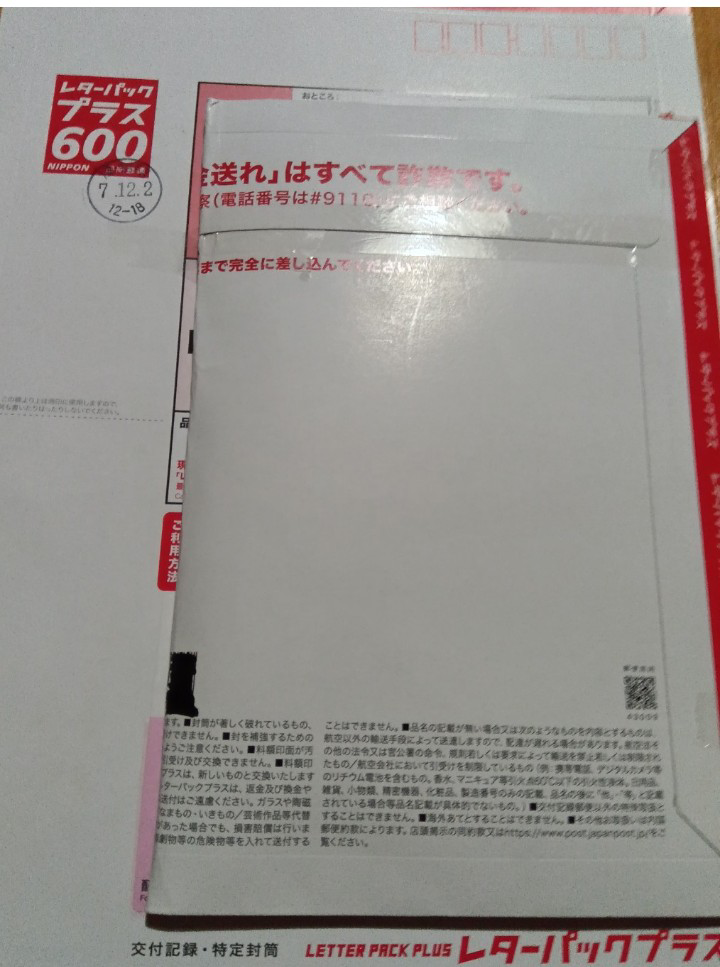 レターパックライトの中に、返信用封筒として別のレターパックライトを