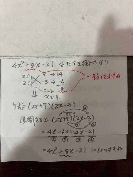 因数分解の問題です真ん中の数字が8xなのに7−3は4で8になら