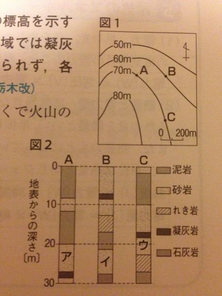 中学理科地層の問題です A B Cはどちらの図も共通とし 上 Yahoo 知恵袋