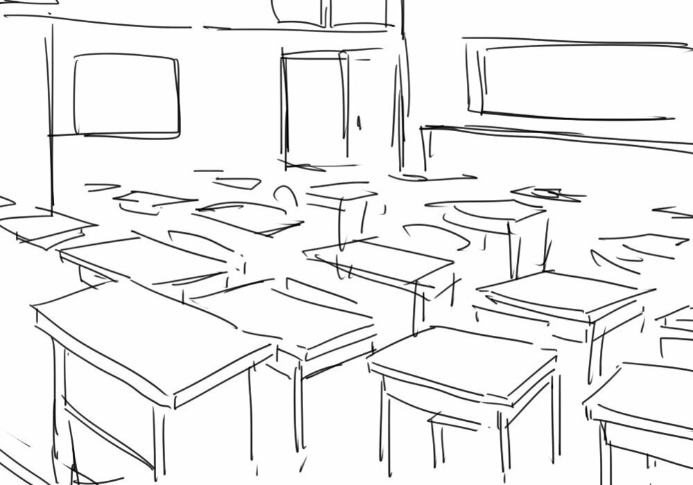 二点透視図法で教室を描きたいんですが 机のきれいな配置方法がわかりませ Yahoo 知恵袋