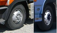 最近、大型トラックのホイールの形状が右のようになっているのを見かけます。少し前までは、左のような形状の物をよく見ましたが、強度とかの関係で変わってきているのでしょうか？ 少し気になったので、質問してみました。ちなみに、自分は左の形状のホイールの方が好きです。