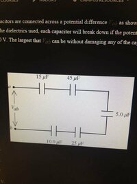 画像のようにキャパシタ(コンデンサ)がつながれており、電位差はVabである。 絶縁体が使われているため、それぞれのキャパシタはもしこの回路の電位が30Vを超えてしまうと壊れてしまう。このキャパシタを傷つけることない最大のVabはどのくらいだろうか。

この問題の解き方を教えてください。