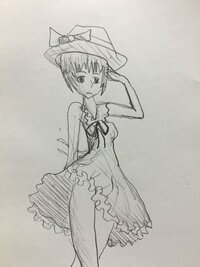 絵の評価して下さい！ 画家志望の高1女子です。
だいたい1時間くらいかけて模写したものです。
なんのキャラか分かりますか？
お願いします！！
あと左手は帽子を直してるです。