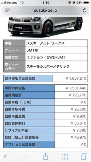 アルトワークスの見積もり金額について これは メーカーhpで Yahoo 知恵袋