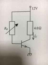 トランジスタ回路です。 図のような可変抵抗Rbを調整して、コレクタ電流を変化させる場合において、トランジスタの消費電力が最大になる時のコレクタ電流はいくらかという問題です。電源電圧が12Ｖというのがミソだと思うのですが解き方が分かりません。ご教示願います。