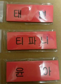 K Popアーティストの名札青い背景に白い文字でkドルの名前がハングル Yahoo 知恵袋