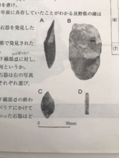 日本史です。旧石器時代。 - e〜fの石器はそれぞれ写真A