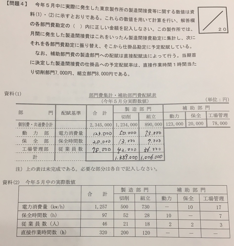 簿記2級工業簿記の部門別計算についての問題です 写真にある資料より 各 Yahoo 知恵袋