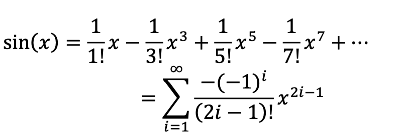 c言語についての質問です ＜＜＜＞＞＞に入るプログラムを教えてください sin(x)を 0 周りにテーラー展開すると， （添付画像） となる.i=1,...,20 項まで計算することで sin(x)を求 める関数 my_sin を完成させなさい #include<stdio.h> int main(void) { float my_sin(float); float x, ans; printf("sin(x)を計算します&yen;n"); printf("x=&yen;n"); scanf("%f",&x); ans = my_sin(x); printf("sin(x) = %f&yen;n",ans); } float my_sin(float x) ＜＜＜＞＞＞ return res; } float kaijo(int k) <<<>>> return res; } float kjo(float x, int k) <<<>>> return res; }