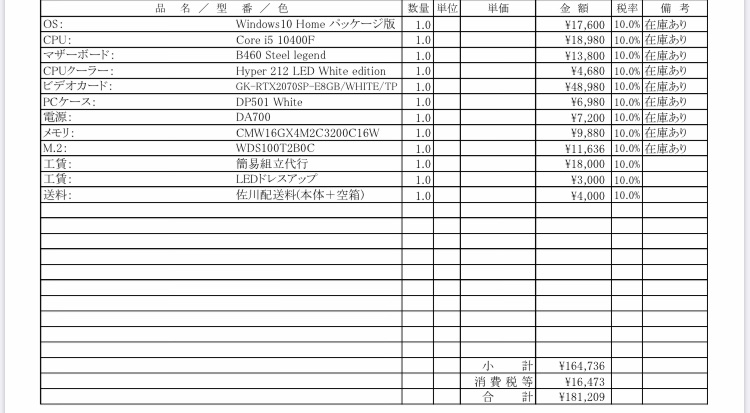 自作ゲーミングPCを代行で組み立ててもらい購入しようと思い見積もりを