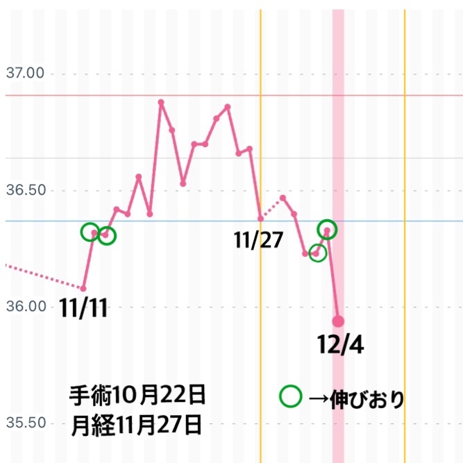 稽留流産後の基礎体温です 流産前は28日周期でした 10月22日に手術 Yahoo 知恵袋