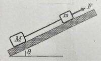 物理の斜面の摩擦に関する問題を教えてください。 写真のように質量M[kg]の物体Bと質量m[kg]の物体Aが軽くて伸びない針金で結ばれていて、それらを角度θ[rad]の斜面上に置いている。
斜面に沿って力F[N]で上方に引張り、直線運動させた時の物体A及びBの加速度a[m/s^2]はいくつか？ただし物体と斜面の動摩擦係数はμとする。
また針金の張力T[N]はいくつか？

上記のような問題なの...