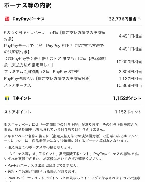 昨日PayPayモールで約12万の買い物をしました。PayPay祭りもあってるので、ボーナスを確認した上で購入したつもりでした。 その後、「購入有難うございます！」メールがきて、一枚目のような内訳（購入時サイトで確認したものと同じもの）が載ってきていました。が、PayPayの決済の詳細を見ると下記の額しか付与予定に上がっていません。 「オンライン1%特典1122円、超PayPay祭で30%…1553円」この２つ。 ネットで色々調べて、PayPayの方には載ってこないボーナスもあるということですが、心配です。PayPay祭りについての知識が浅く、単純な質問でしたらすみません。