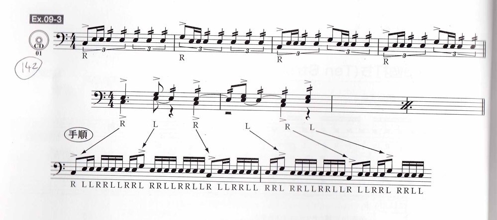 ジャズドラムの教則本にある譜例（スコア）です。最初は2拍3連のダブルストロークだと理解できるのですが、後半の譜面が理解できません。 アクセントは「タッツツタッツツタッツツタッツツタッッ」と理解出来るのですがダブルストロークで埋めるときの歌い方（解釈の仕方）が解かりません。誰か私が理解出来るように教えて頂けないでしょうか？