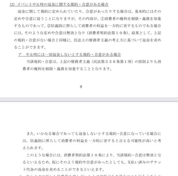 画像の内容について分かりやすく教えて下さい。 昨年あるイベントに参加予定でしたが、コロナの影響により今年に延期になりました。 今年に延期になったイベントも大雨の影響で中止になりそうです。 規約には、感染症拡大、天候悪化などでは返金はしませんと記載がありました。 ですが、ネットで調べていると民法では返金可能となっていました。 画像はその時に調べたものです。 結論、返金は可能と理解したのですが合っていますか？