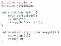 C言語におけるバッファーオーバーフローについて 画像にあるコードがstrcpyを使う事でオーバーフローするようですが、その理由がいまいちよく分かりません。

解説をよろしくお願いします！

また、どのようにすればオーバーフローを防げるでしょうか？