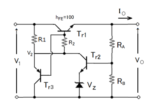 電気回路について質問です。この図の場合、出力電圧と出力電流の関係はどう導出するのでしょうか？ R2両端電圧が０．７V になった後は出力電圧が０になることは理解したのですが…