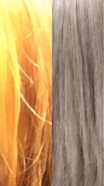 ブリーチしただけのこの髪色から、右のようなグレーベージュ？にする方法はありますか？ セルフカラーです。 こんな黄色に市販のベージュカラー入れたら綺麗に染まりますか？ 紫シャンプーし続ければ近づきますか？