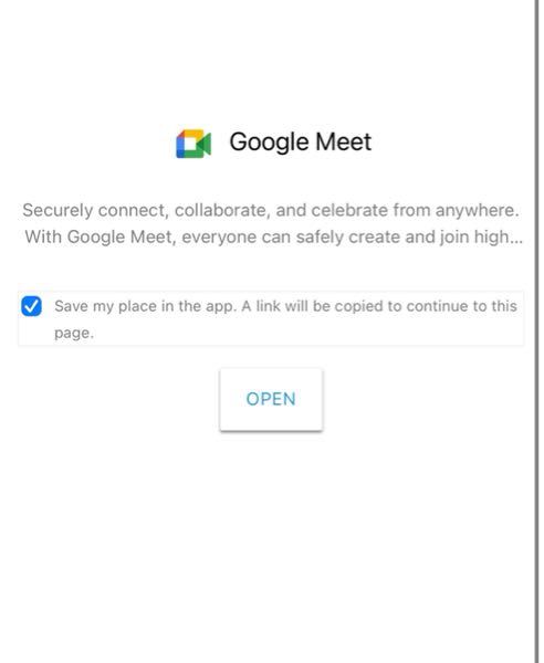オンライン会議に参加するために、Google meetのURLを押すと、オンライン画面が表示されず、この画面になります。 Openを押してもGoogle meetのアプリが起動されるだけで会議に...