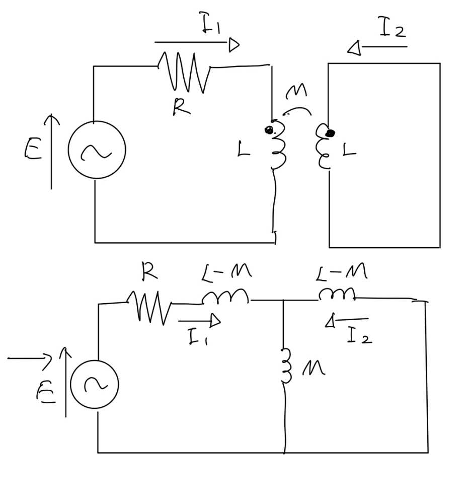 電気回路についてです。 写真の上にある相互誘導回路の等価回路は写真のしたにある回路であっていますか？ また考え方を教えてください。