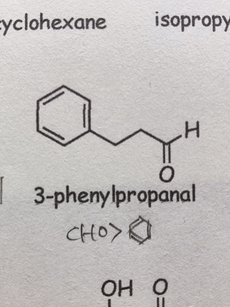 この化合物、4-phenylpropanalではないですか？ 左から1,2,3,4ですよね、、？ 違ったら教えて欲しいです。