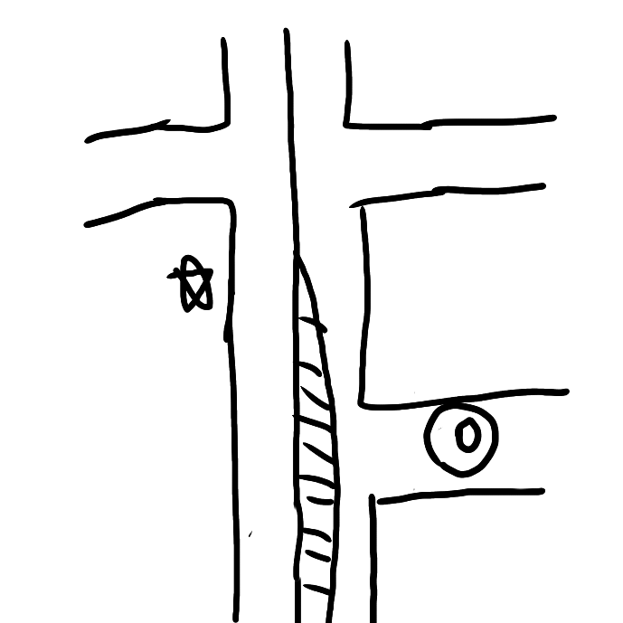 道交法について教えて下さい。 センターラインは黄色、導流帯を跨いで二重丸の路地に右折して入れますか？ 星印は7ー8右折禁止の標識ですが、この標識は二重丸の路地のことを指してはいませんよね？