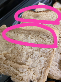 強力粉と全粒粉を混ぜたパンを焼きました。
パンの一部(写真の赤枠)が固くしっとりしています。生焼けでしょうか？
生焼けなら廃棄した方が良いですか？ 