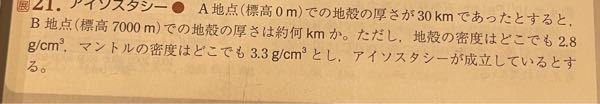 地学基礎、アイソスタシーの問題です。 答えは76.2kmなのですが、計算方法が分かりせん(; ;)解説して頂きたいです。